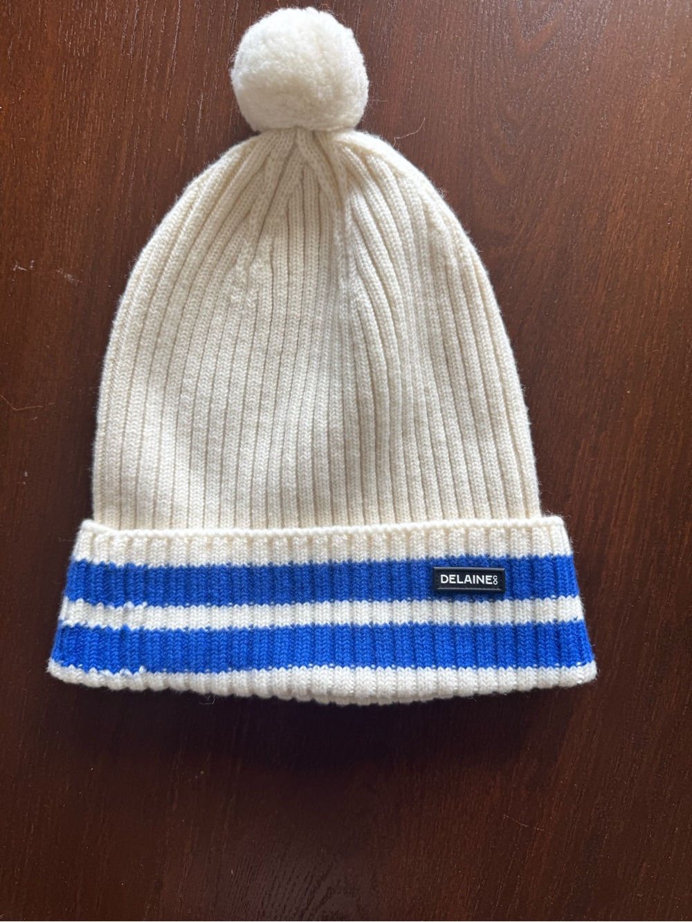Cream Wool Pom Beanie with Blue Stripes